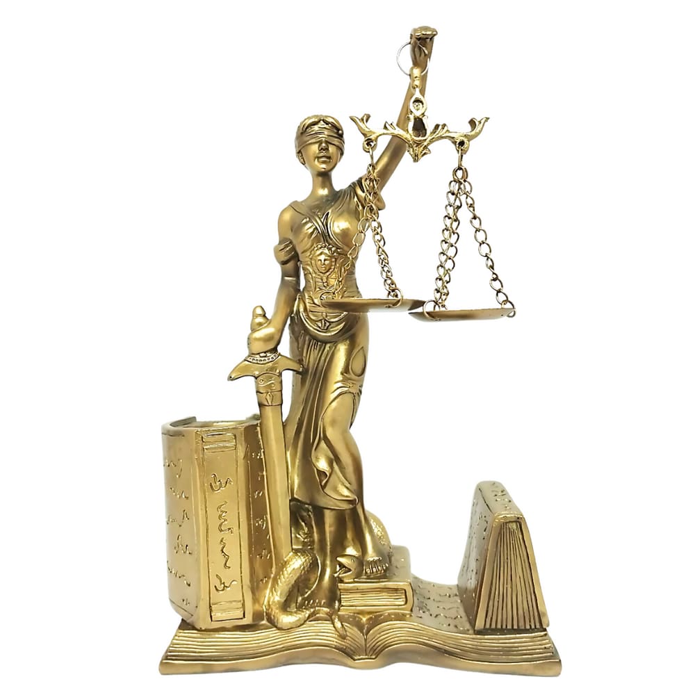 Estátua Dama Da Justiça Thêmis Resina Porta Caneta e Cartão Dourado