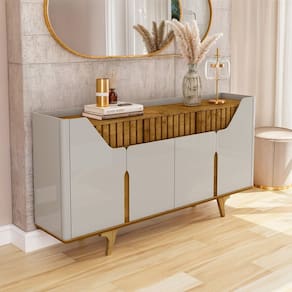 Aparador Buffet Portas em MDF Ripado Real Pés de Madeira Maciça Danúbio Off-White/Naturalle