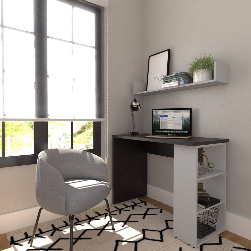 Conjunto de Mesa com Prateleiras Para Escritório ou Home Office 90 cm de Largura Preto/Cinza Cristal
