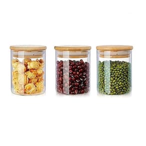 Kit 3 Potes Vidro Tampa Bambu Hermético Temperos 200Ml