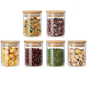 Kit 6 Potes Vidro Tampa Bambu Hermético Temperos 200Ml