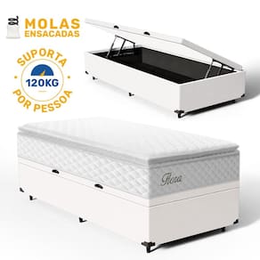 Cama Box Baú com Colchão de Molas Ensacadas Pillow Top Flora Solteiro 88cm