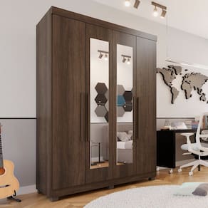 Guarda-roupa Solteiro 4 Portas 3 Gavetas com Espelho com Pés Roma Espresso Móveis Imbuia