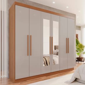 Guarda-roupa 6 Portas 4 Gavetas com Espelho New Malibu Espresso Móveis Cinamomo/Off White