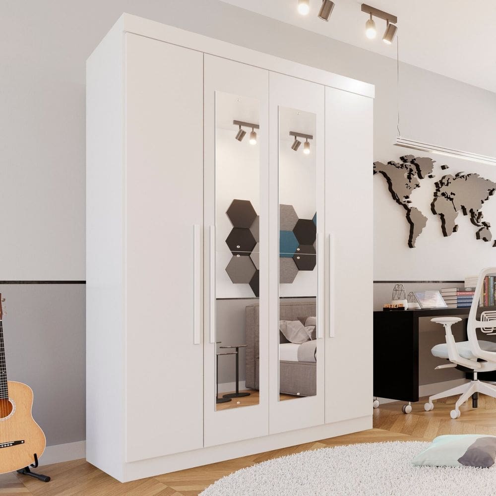Guarda-roupa Solteiro 4 Portas 3 Gavetas com Espelho Roma Espresso Móveis Branco