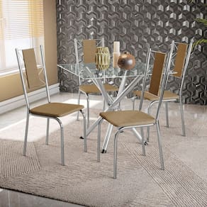 Conjunto Mesa Volga tampo de Vidro e 4 Cadeiras Lisboa Cromado/Capuccino