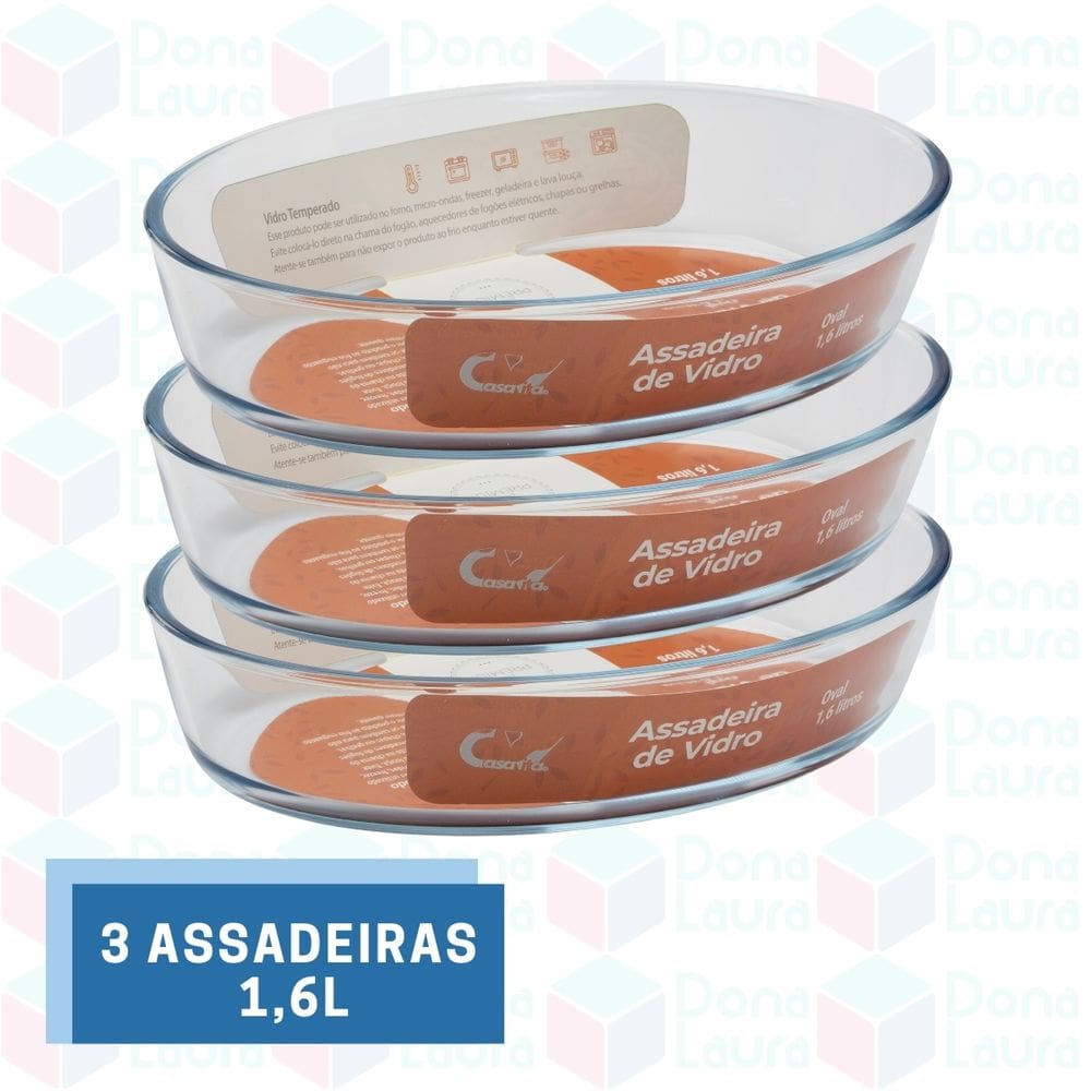 3 Travessa Oval Pequena 1,6L Sem Tampa Vidro Temperado Cozidos