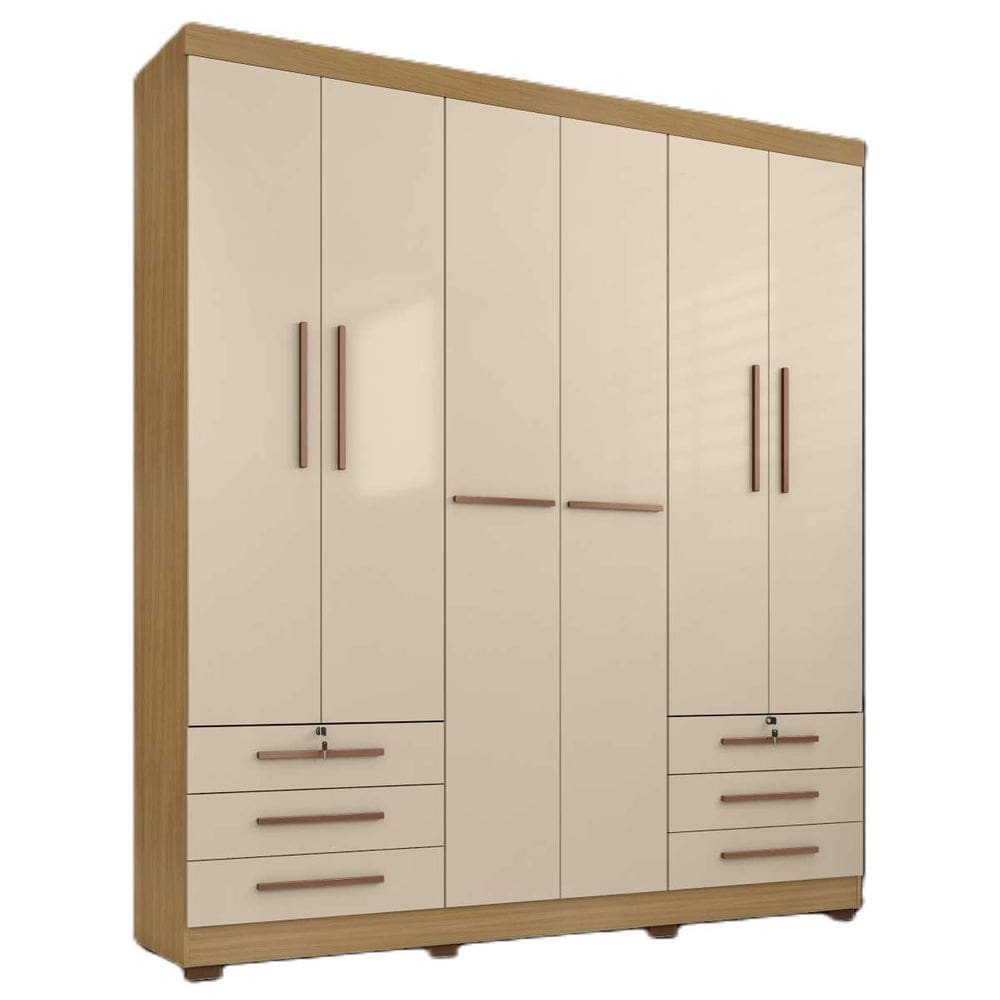 Guarda Roupa Casal Londres 6 Portas 2 Portas com Chaves e 6 Gavetas Cor Carvalho e Off White - Incorplac Móveis