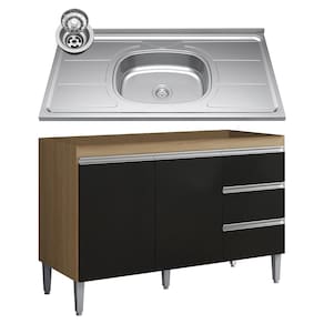 Balcão de Cozinha Com Pia Inox 100cm 3 Gavetas Andréia Amêndoa/Preto - AJL Móveis