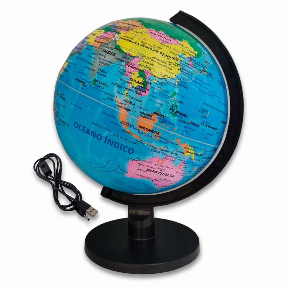 Globo Terrestre Decorativo PVC Com Led USB Legendas em Português 25CM Base Preta de Plástico