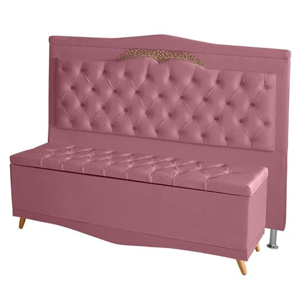Kit De Cabeceira De Cama Box E Calçadeira Baú Helena Queen 160 Cm Retro Capitonê Suede Rosa Bebê Eli Móveis
