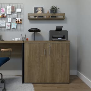 Armário Baixo com 2 Portas para Escritório / Home Office Preto/Carvalho Mel