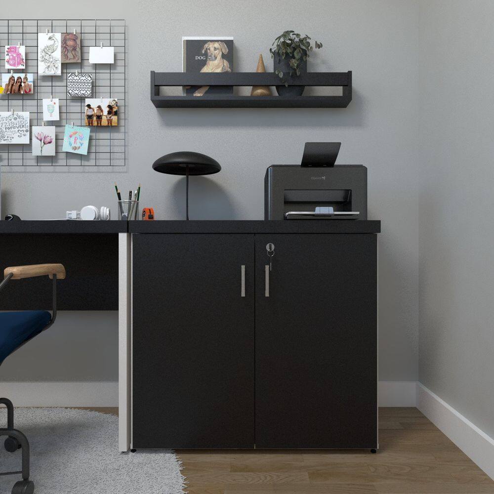 Armário Baixo com 2 Portas para Escritório / Home Office Branco/Preto