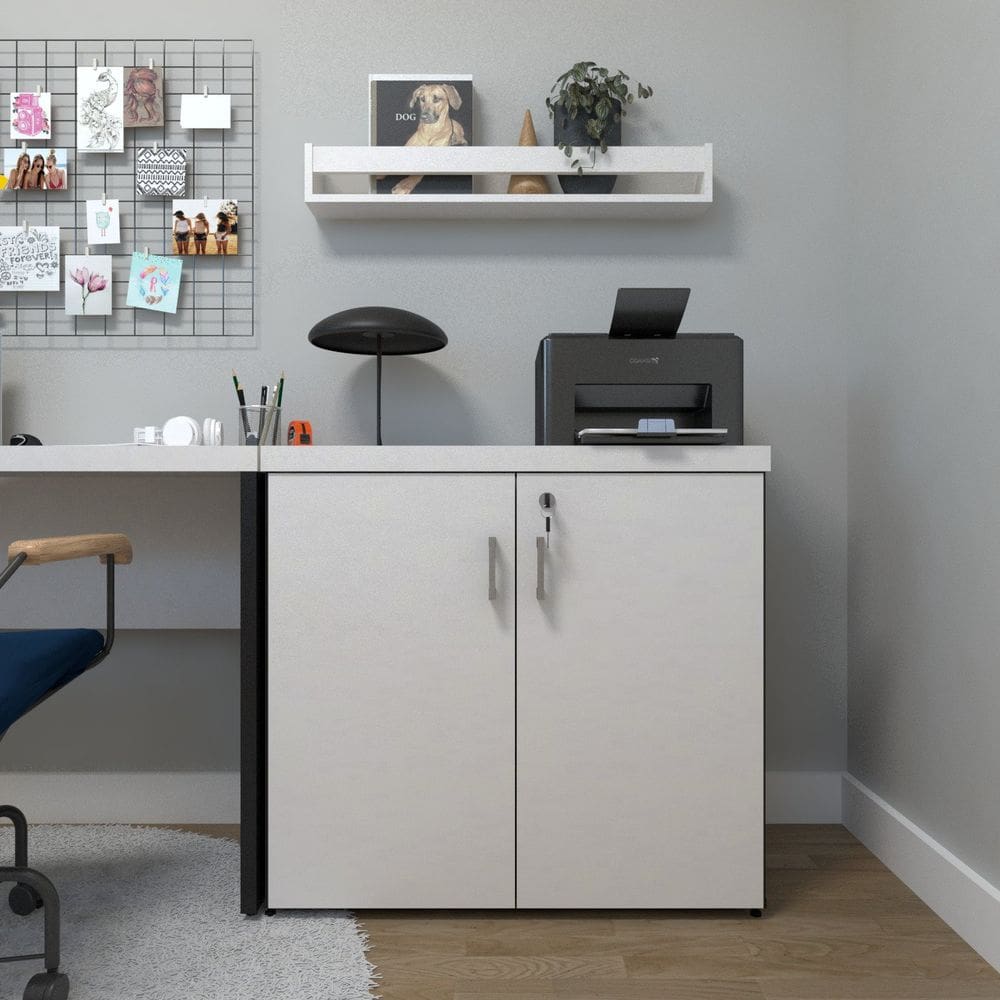 Armário Baixo com 2 Portas para Escritório / Home Office Preto/Branco