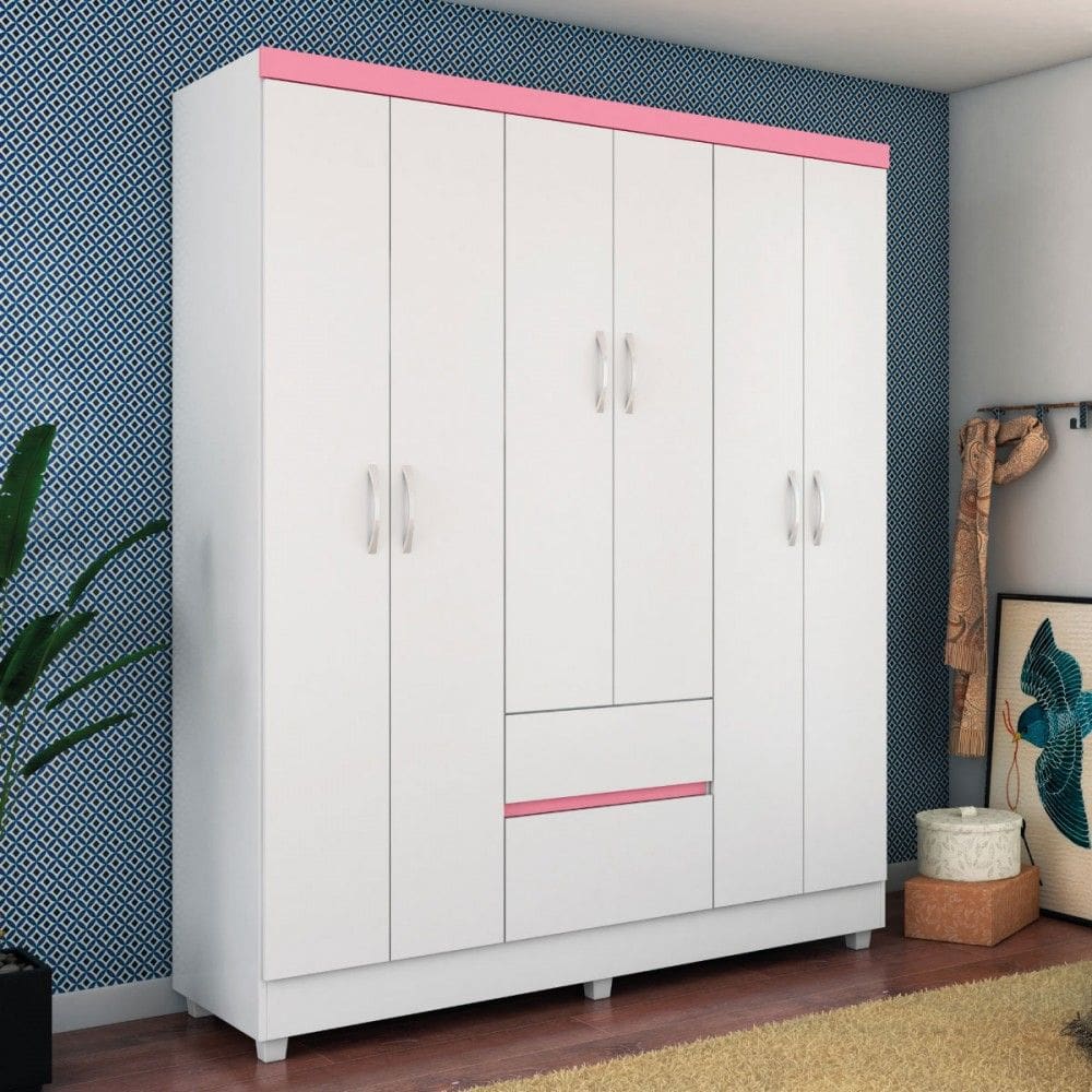 Guarda-Roupa Casal Flash Ii 6 Portas 2 Gavetas Flex Branco/Rosa/Branco - Demóbile