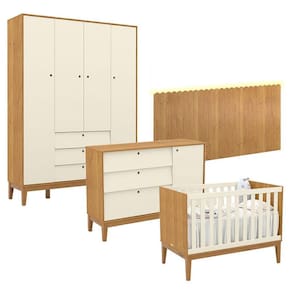 Quarto de Bebê Unique 4 Portas com Cômoda Sapateira e Painel Farm com Led Freijó Off White Eco Wood - Matic