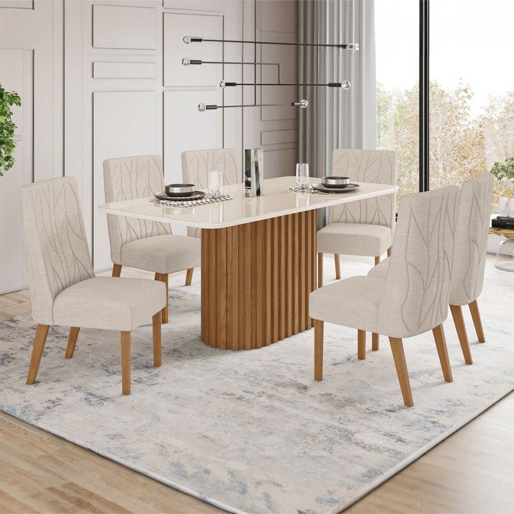Sala de Jantar 6 Lugares Solana/Eloá com Vidro Nature/Off White/Linho - Henn