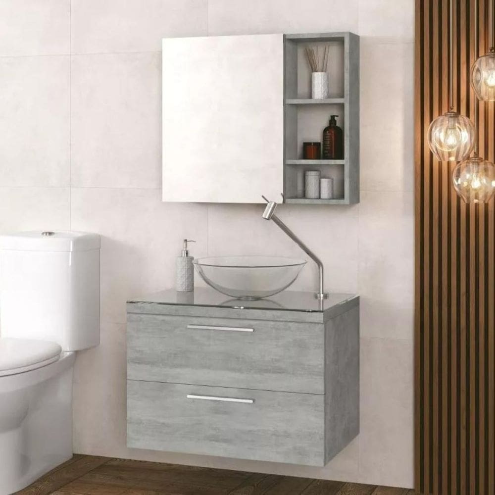 Conjunto Santorini 60 Tampo e Espelheira e Cuba de Vidro Cor: Cinza