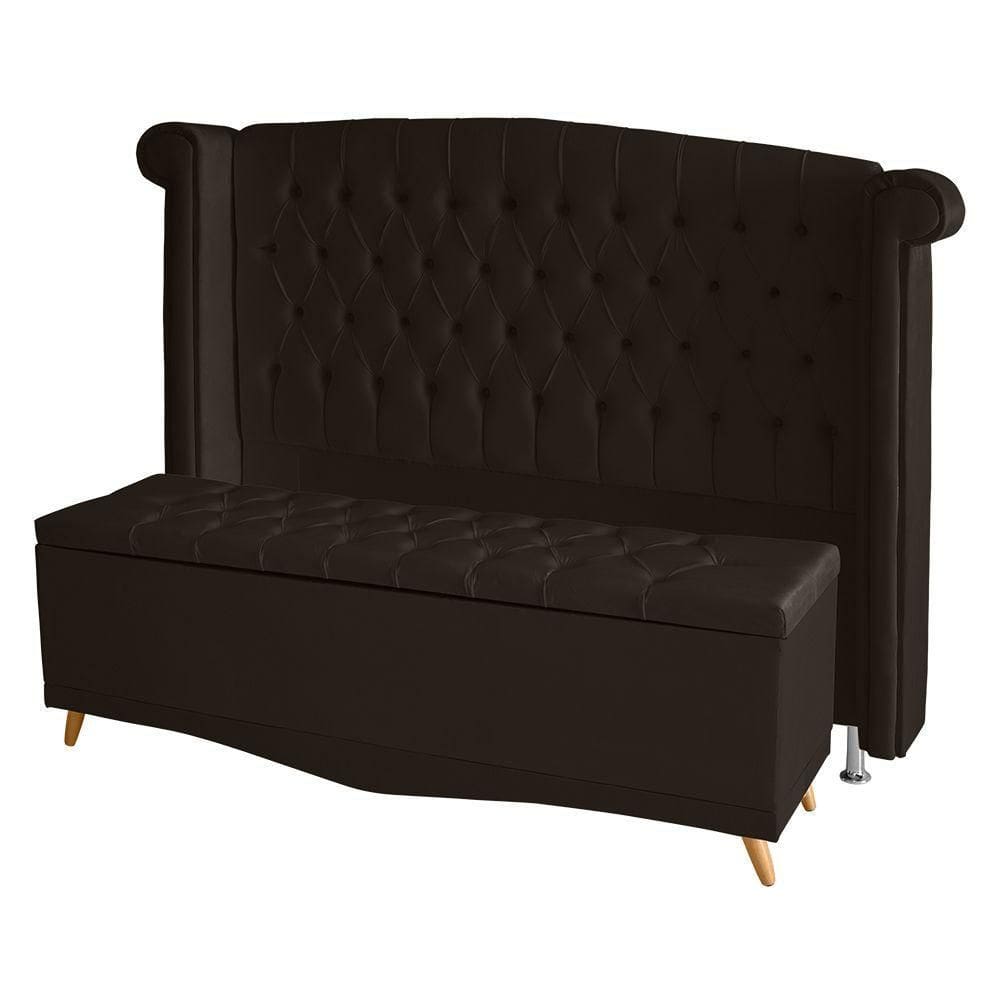 Kit Cabeceira De Cama Box E Calçadeira Baú Luxo Casal 140 Cm Suede Marrom Eli Móveis