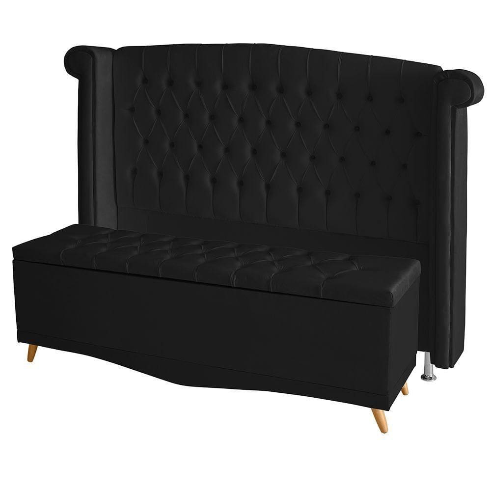 Kit Cabeceira De Cama Box E Calçadeira Baú Luxo Casal 140 Cm Suede Preto Eli Móveis