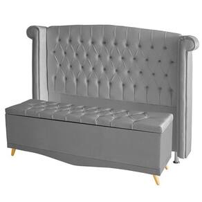 Kit Cabeceira De Cama Box E Calçadeira Baú Luxo Queen 160 Cm Suede Prata Eli Móveis