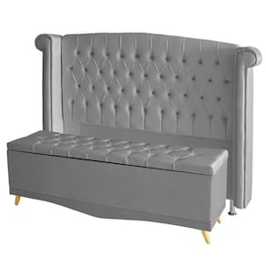 Kit Cabeceira De Cama Box E Calçadeira Baú Luxo King 195 Cm Suede Prata Eli Móveis