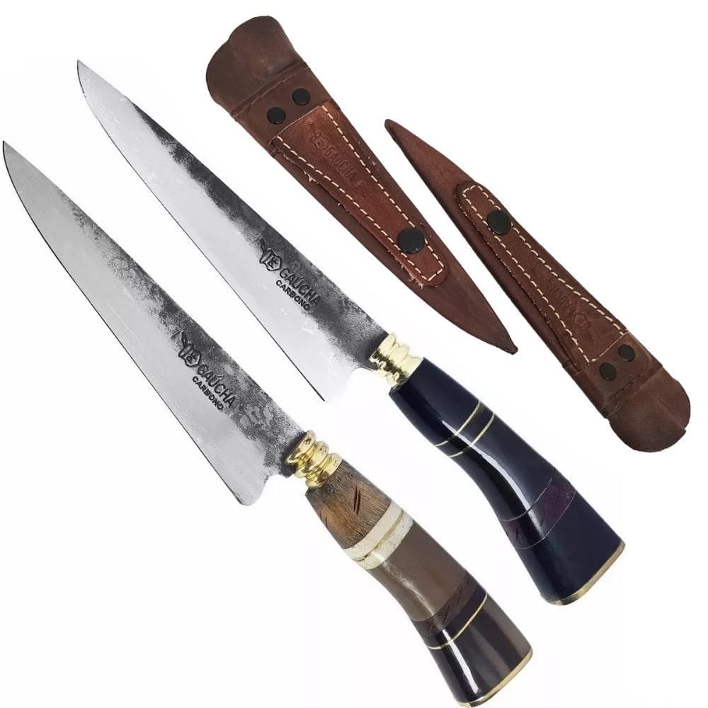 2 Facas Modelo Tesoura de Tosquia Artesanal 7` Carbono 1070 Churrasco Chifre Osso e Madeira