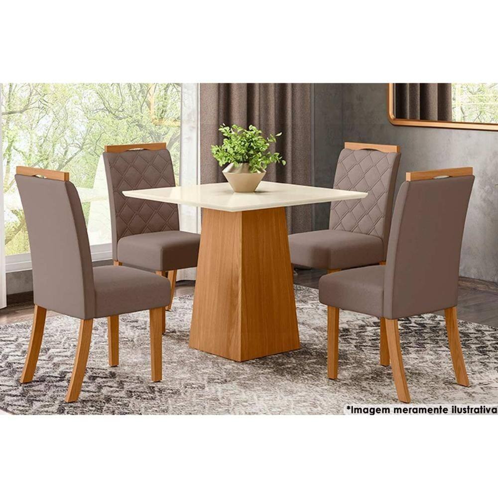 Sala de Jantar Completa Dora Tampo Madeirado 90cm e 4 Cadeiras Bella Nature/Veludo Light Marrom Amendoa - Henn