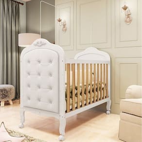 Berço Mini Cama 3 em 1 com Capitonê 100% MDF Maya Espresso Móveis Branco Brilho/Amêndoa/Branco