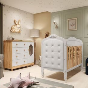 Quarto de Bebê Berço com Capitonê e Cômoda 4 Gavetas 100% MDF Maya Provençal Espresso Móveis Branco Brilho/Amêndoa/Branco