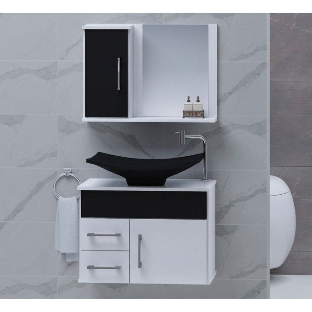 Kit com 2 Gabinetes para Banheiro com Cuba e Espelheira Turin Preto