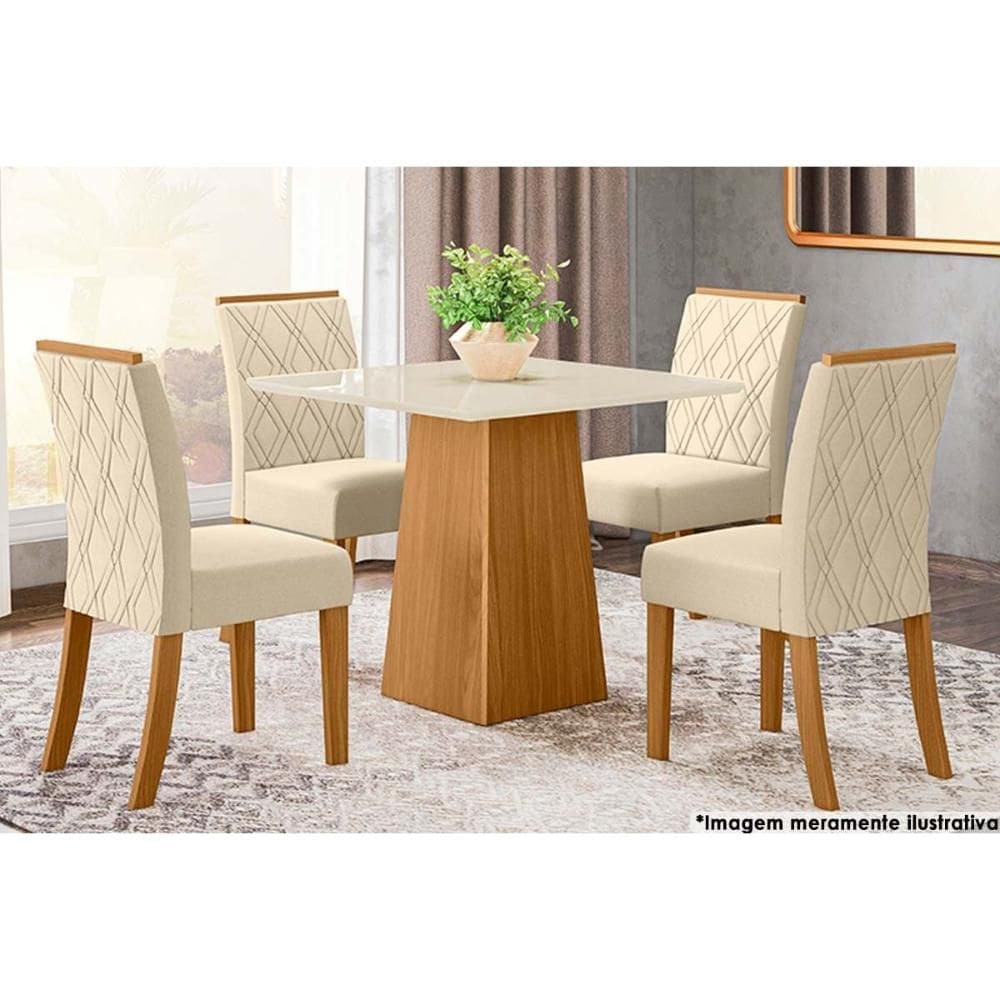 Sala de Jantar Completa Dora Tampo Madeirado 90x90cm e 4 Cadeiras Vita Nature/Linho - Henn