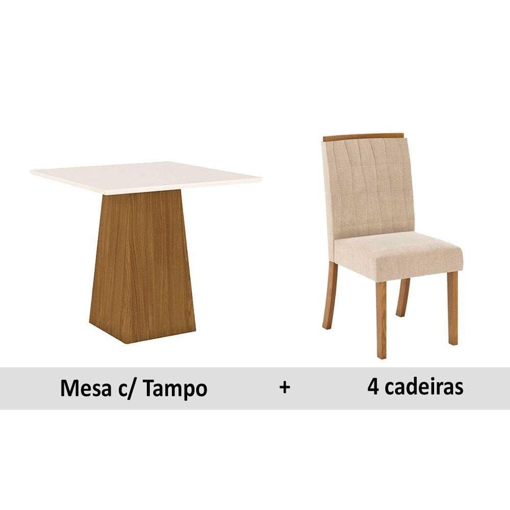 Sala de Jantar Completa Dora Tampo Madeirado 90x90cm e 4 Cadeiras Tauá Nature/Linho - Henn