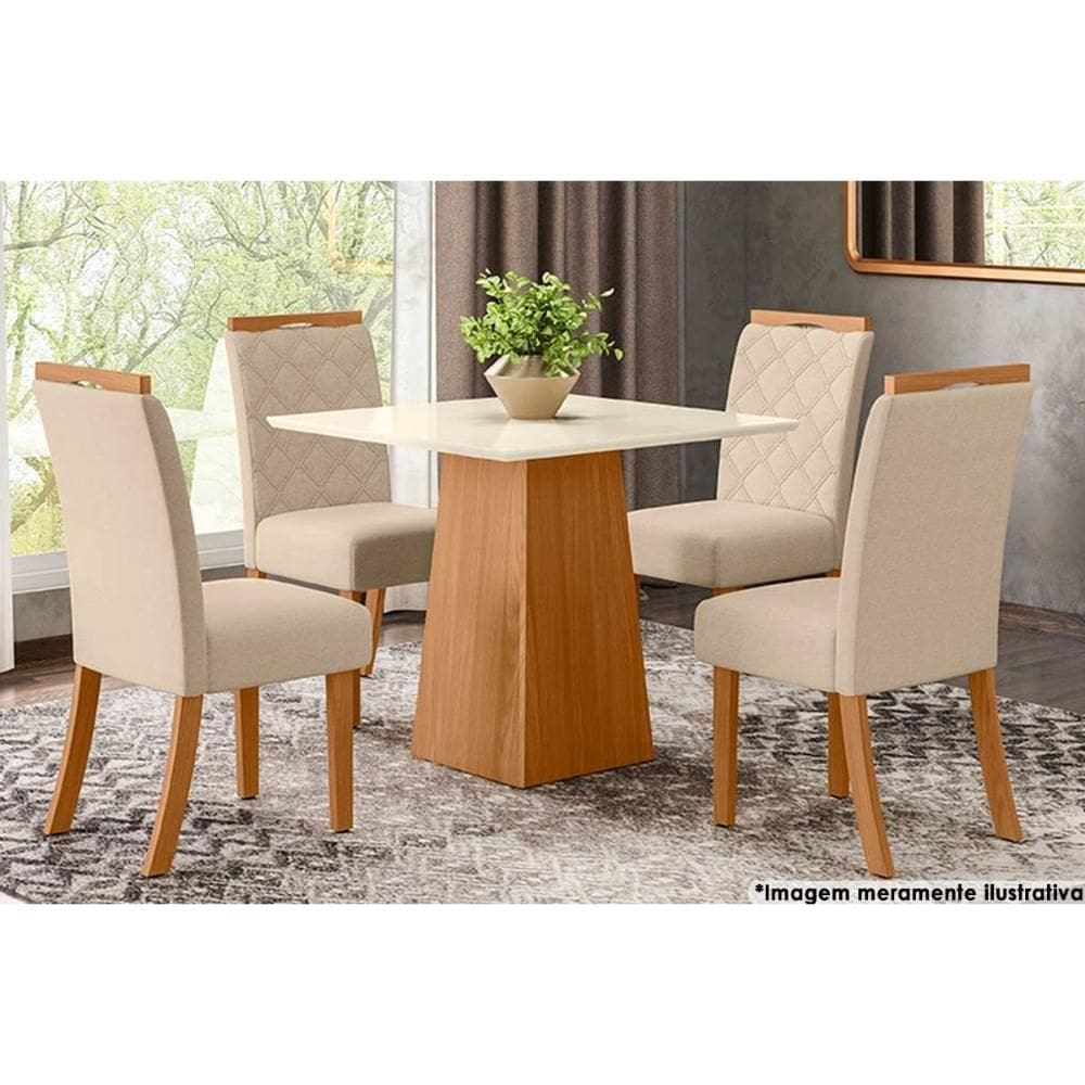 Sala de Jantar Completa Dora Tampo Madeirado 90cm e 4 Cadeiras Bella Nature/Linho - Henn