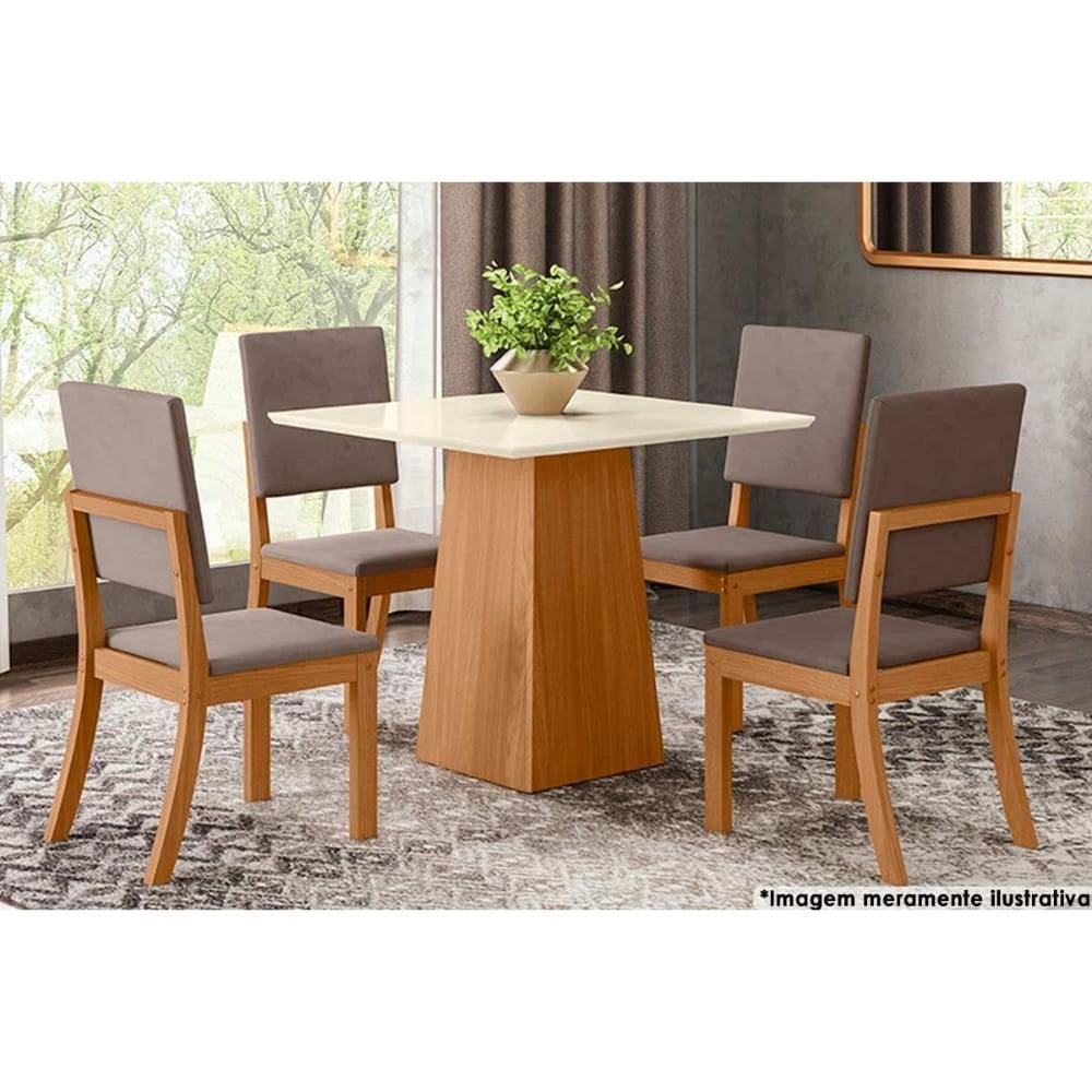 Sala de Jantar Completa Dora Tampo Madeirado 90cm e 4 Cadeiras Milla Nature/Veludo Light Marrom Amendoa - Henn