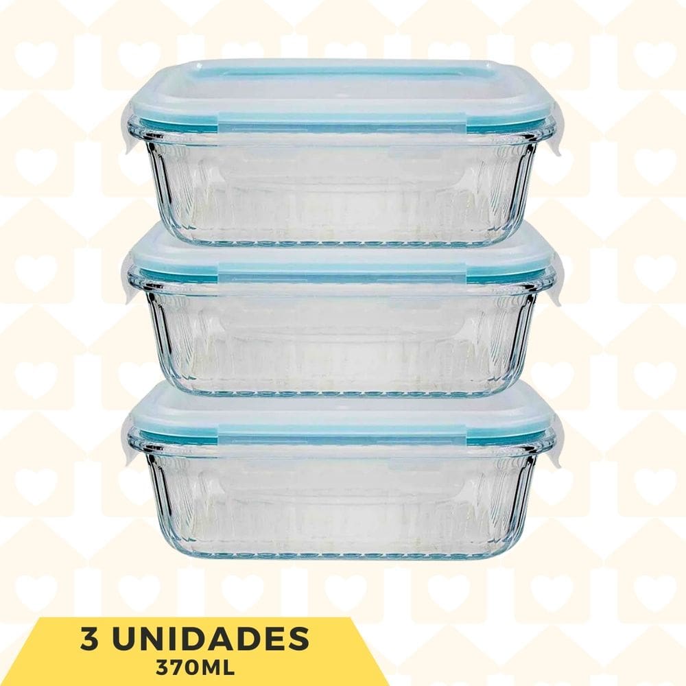 3 Potes Vidro 370ML Hermético Forno/Freezer Marmita Lanche