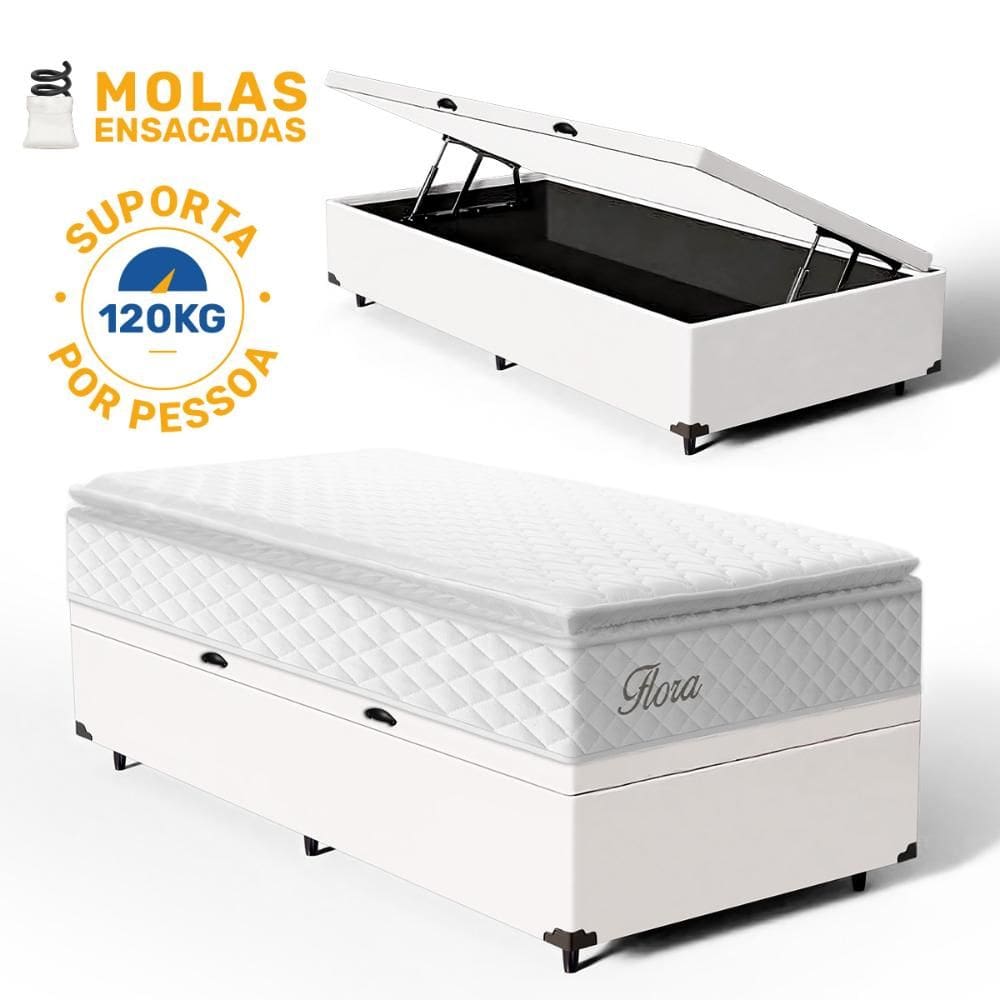 Cama Box Baú com Colchão de Molas Ensacadas Pillow Top Flora Solteiro 88cm
