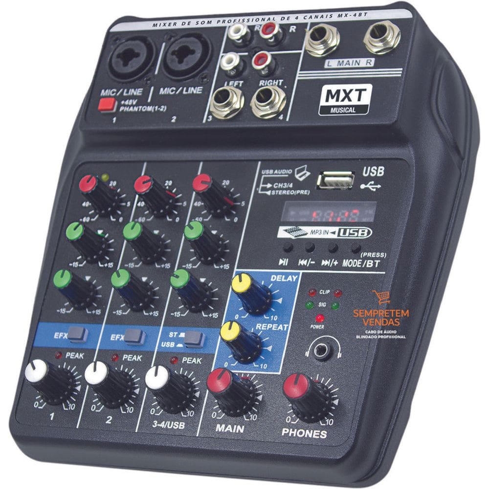 Mesa de Som Profissional 4 Canais com Efeitos MXT MX-4BT