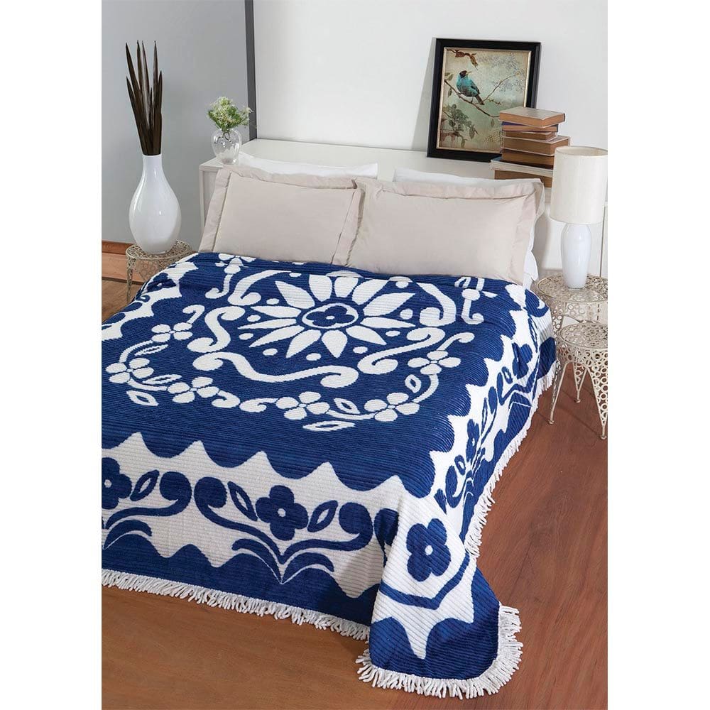 Colcha Chenille Canelada Flórida 220x240cm Azul/Bco Jolitex