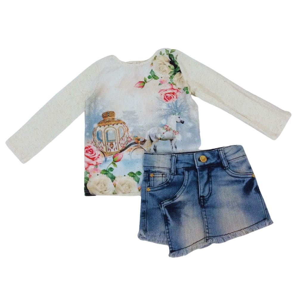 Conjunto blusa+shot saia jeans infantil fem Petit Cherie