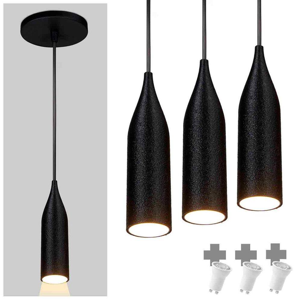 Kit 3 Lustres Pendentes Design 3D - ABS174 - PRETO + LED