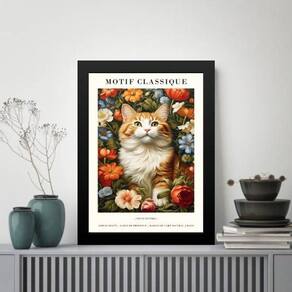 Quadro Poster Arte Gato Com Flores 33X24Cm