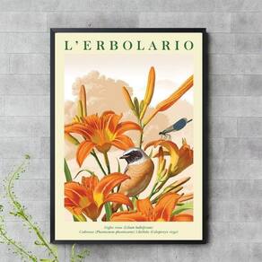 Quadro Floral Laranja Com Passarinho 33X24Cm - Com Vidro