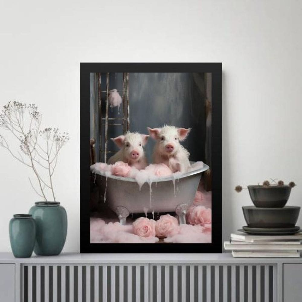 Quadro Decorativo Para Banheiro - Porquinhos 33X24Cm