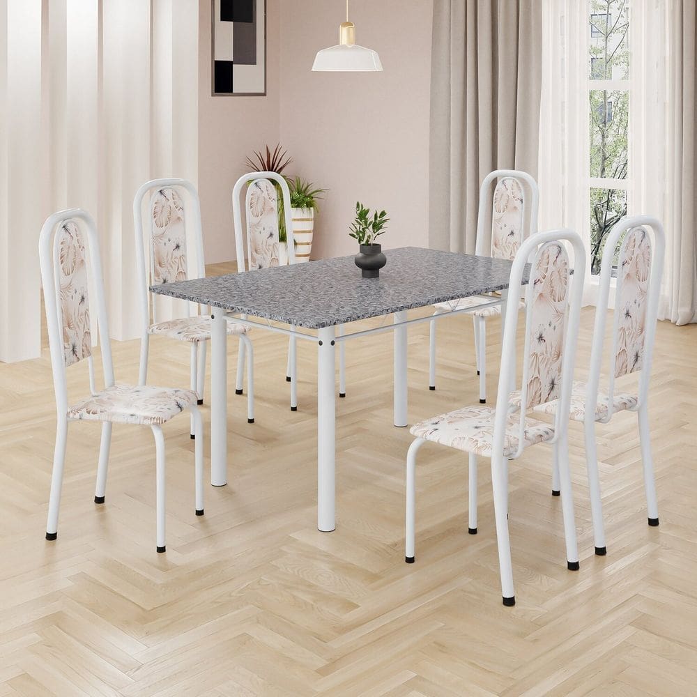 Conjunto de Mesa Retangular 140x75cm Tampo Granito Ocre 6 Cadeiras Lavínea Botanic Bege / Branco