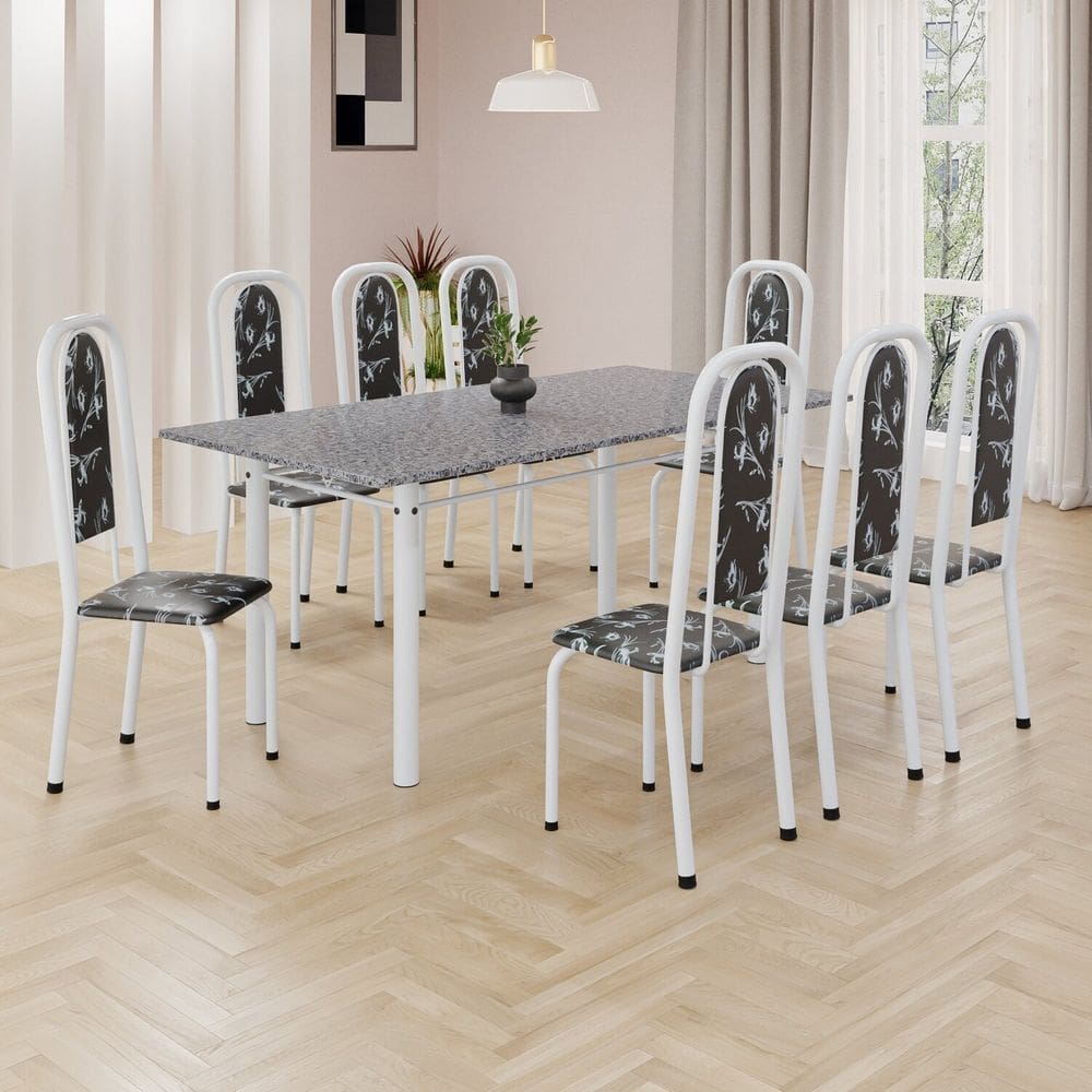 Conjunto de Mesa Retangular 180x75cm Tampo Granito Ocre 8 Cadeiras Lavínea Preto Floral/ Branco