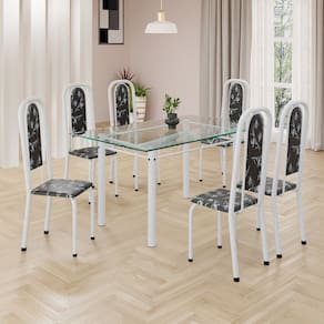 Conjunto de Mesa Retangular 140x75cm Tampo de Vidro 6 Cadeiras Lavínea Preto Floral/ Branco