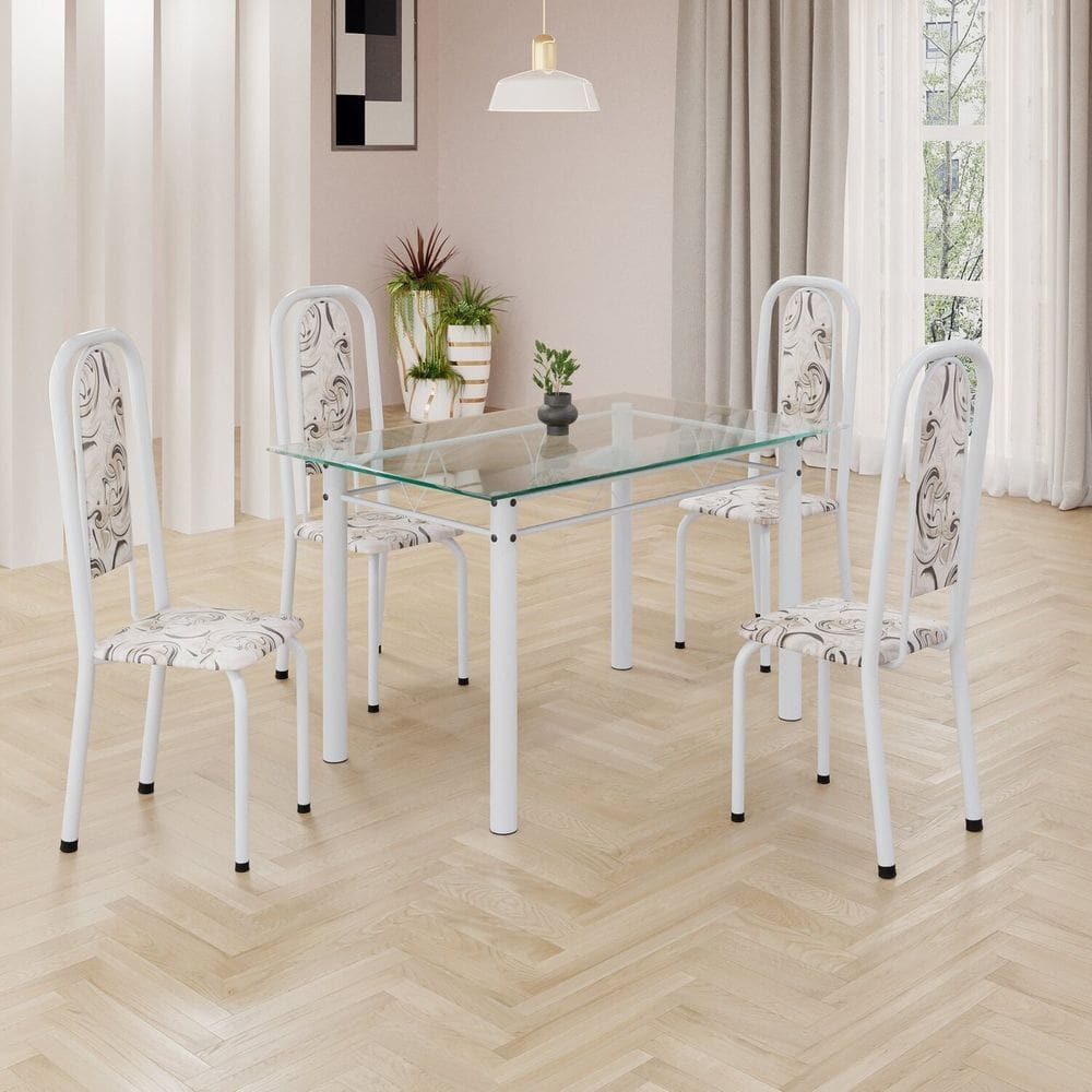 Conjunto de Mesa Retangular a 120x75cm Tampo de Vidro 4 Cadeiras Lavínea Arabesco/ Branco
