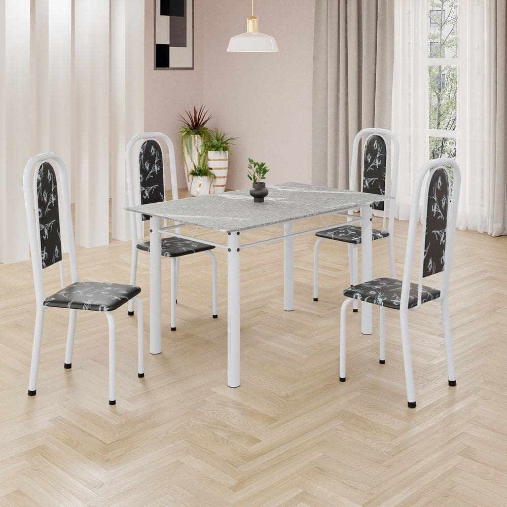 Conjunto de Mesa Retangular 120x75cm Tampo Granito Topázio 4 Cadeiras Lavínea Preto Floral/ Branco