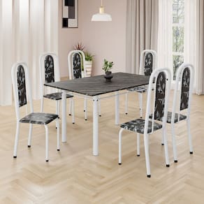 Conjunto de Mesa Retangular 140x75cm Tampo Ardósia Indiano 6 Cadeiras Lavínea Preto Floral/ Branco